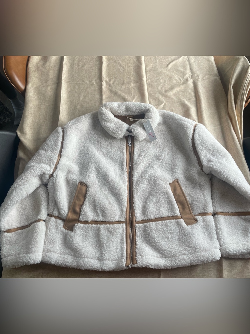 Cozy Sherpa Jacket womens xl - White with Tan Trim sherpa coat ladies xl